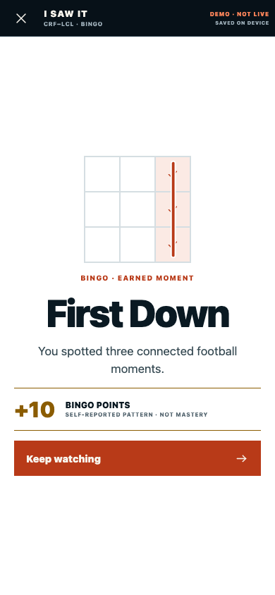 Game Fluent I Saw It moment awarding bingo points for three connected football observations