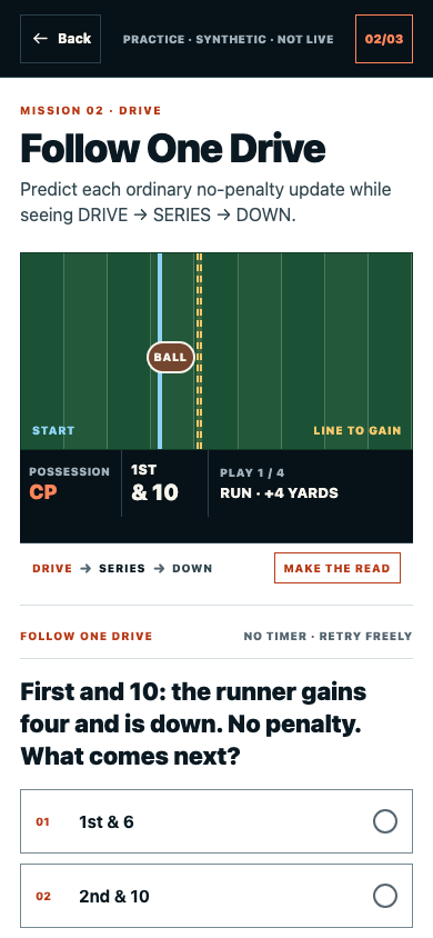 Game Fluent practice screen showing a football drive, down and line to gain